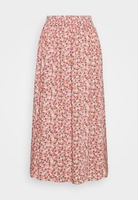 Blommig midikjol med rosa bas och små vita, gula och svarta blommor. Elastisk midjeresår och flödande siluett.