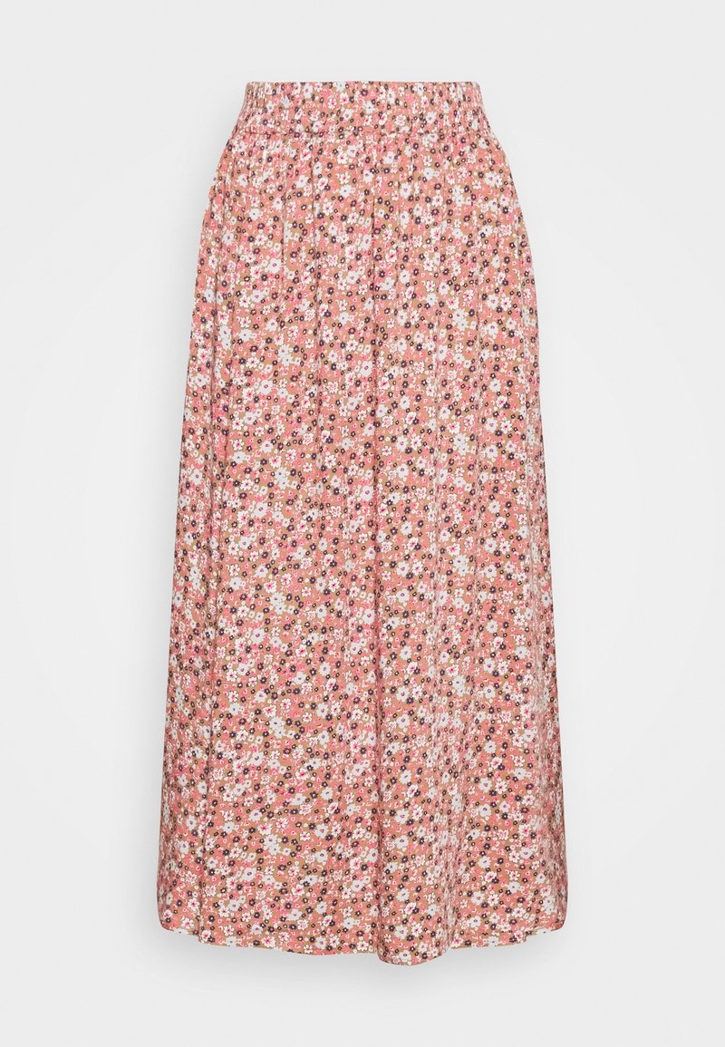 Blommig midikjol med rosa bas och små vita, gula och svarta blommor. Elastisk midjeresår och flödande siluett.