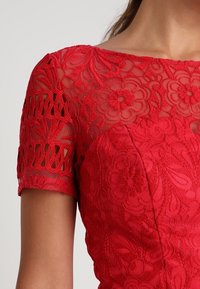 Rotes Spitzenkleid mit floralen Stickereien, kurzen transparenten Ärmeln und einem taillierten Oberteil. Die Textur ist filigran mit einem geschichteten Design.