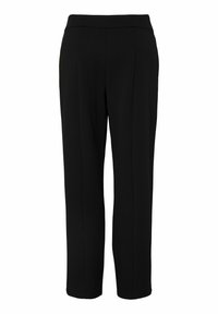 Černé kalhoty vyrobené z hladkého materiálu se střihovým designem rovného nohu, s širokým pasem a bez viditelných kapes nebo kovových prvků.