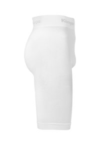 Shorts de compression blancs avec un motif texturé sur les côtés, dotés d'une taille douce avec le logo "Kempa" en gris.