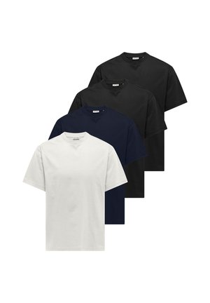 Vier einfarbige T-Shirts mit Rundhalsausschnitt in Weiß, Marineblau, Dunkelgrau und Schwarz, die in einem gestapelten Stapel angeordnet sind.