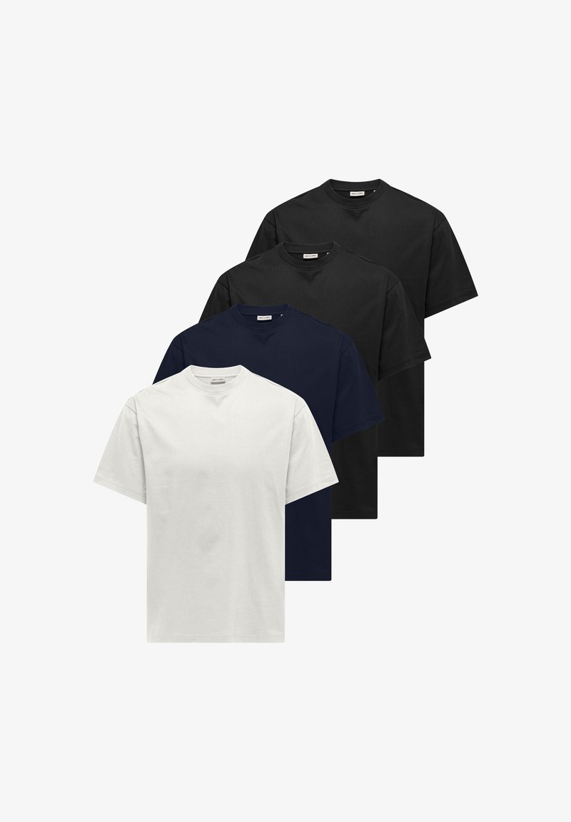 Quatre t-shirts unis col ras-du-cou en blanc, bleu marine, gris foncé et noir, disposés en pile superposée.