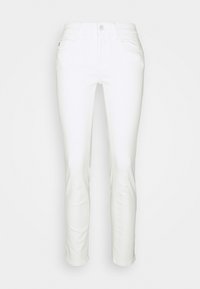 Pantalones de mezclilla blancos ajustados, con diseño de cinco bolsillos, cremallera y cierre de botón. Textura suave con sutiles detalles de costura.