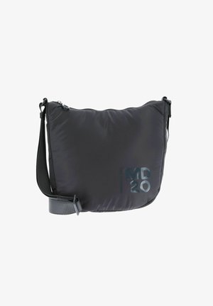 Sac bandoulière noir avec sangle réglable et fermeture éclair, présentant les logos brillants "MD 20" et "Mandarina Duck" en bas à droite sur le devant.