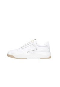 White sneaker with a textured leather upper, beige rubber sole, and subtle design details, including decorative stitching and metallic eyelets.