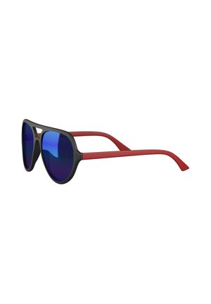 Black-framed sunglasses with blue mirrored lenses and red arms, angled to show side and front details on a white background.