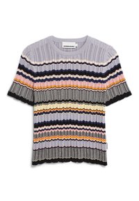 Kurzärmliges, geripptes Strickoberteil in Lavendel, mit wellenförmigen, mehrfarbigen Streifen in Schwarz, Orange, Gelb und Blau. Mit gewelltem Saum und Rundhalsausschnitt.