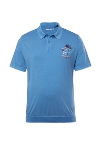 Modrá polo košile s krátkým rukávem vyrobená z bavlny, s límečkem, třemi knoflíky a vyšitým designem palmy a textem na hrudi.