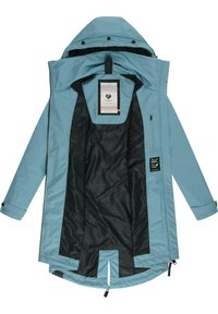 Light blue waterproof jacket with a black inner lining, featuring a zip front, long sleeves, and a hood. Includes integrated graphics and tags.
