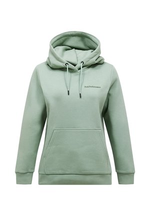 Sweat à capuche vert clair avec poche kangourou à l'avant, capuche avec cordon, poignets côtelés et logo "Peak Performance" sur la poitrine.