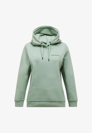 Sweat à capuche vert clair avec poche kangourou à l'avant, capuche avec cordon, poignets côtelés et logo "Peak Performance" sur la poitrine.