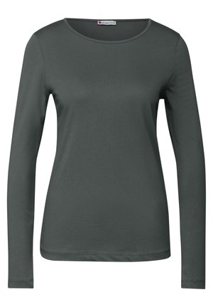 T-shirt à manches longues, col rond, en gris foncé, fabriqué dans un tissu lisse et léger. Il présente un léger brillant et des coutures soignées le long des bords.