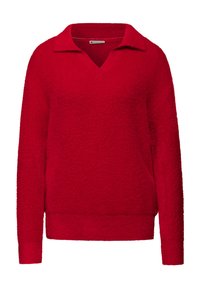 Roter, flauschiger Strickpullover mit V-Ausschnitt und kurzem Kragen. Mit langen Ärmeln und einer lockeren Passform, versehen mit gerippten Bündchen und Saum.