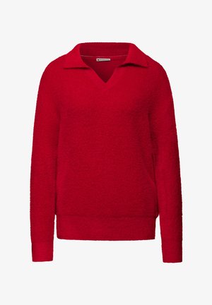 Rode, pluche gebreide trui met een V-hals en korte kraag. Beschikt over lange mouwen en een relaxed fit met ribbelmanchetten en -zoom.