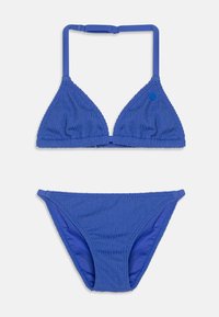 Blå teksturert bikini-sett med trekantet topp med justerbare stropper og matchende lave bunns, alt i et glatt, strekkbart stoff.
