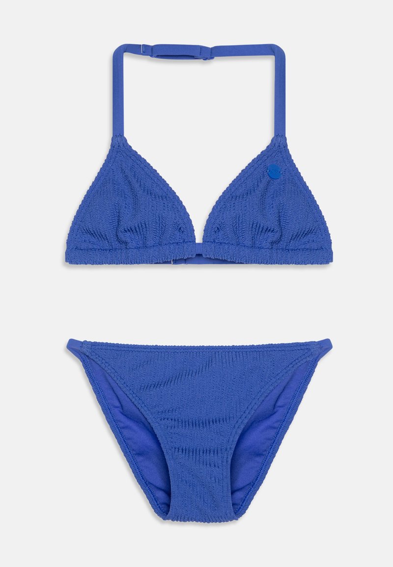 Blaues strukturiertes Bikini-Set mit einem dreieckigen Oberteil mit verstellbaren Trägern und passenden tief sitzenden Unterteilen, alles aus einem glatten, dehnbaren Stoff.