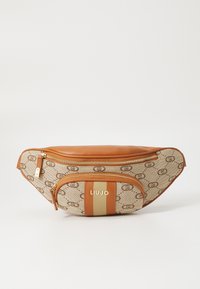 Beige-kangas fanny pack, jossa on logo painatus, ruskeat nahka yksityiskohdat, kultaiset metalliosat ja etupuolella vetoketjulla varustettu tasku. Kaksivärinen raidoitus.