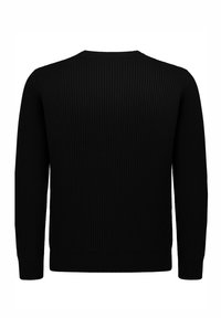 Maglione nero a coste con scollo rotondo e maniche lunghe. Presenta un motivo testurizzato e una silhouette aderente. Nessun marchio visibile.
