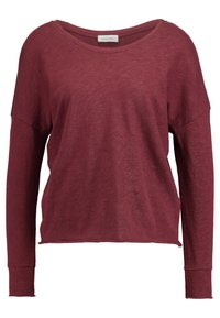 Bordowy długi rękaw luźny top z szerokim dekoltem, miękką teksturą i surowym wykończeniem. Posiada rękawy z mankietami oraz lekką materiał.