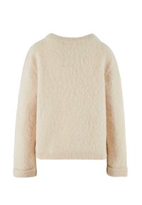 Cremfarbener, texturierter Strickpullover mit boxy Form, rundem Halsausschnitt und gerippten Bündchen. Die Rückansicht zeigt ein weiches, gemütliches Design.