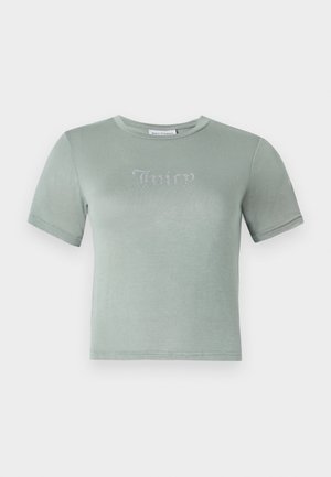 Light green short-sleeve t-shirt made of soft fabric, featuring a "Juicy" logo in rhinestones across the chest. Round neckline, fitted design.