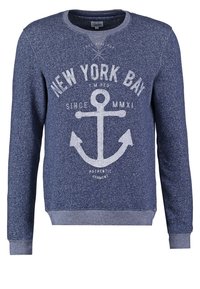 Marinblå sweatshirt i strukturerad tyg, med en vit ankargrafik och texten "NEW YORK BAY" över bröstet. Ribbad mudd vid ärmar och nederkant.