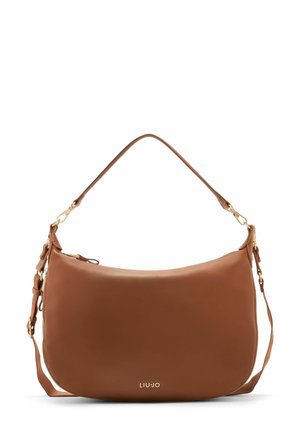 Borsa a spalla in pelle marrone con una silhouette curva, accessori in tonalità oro e il nome del marchio "LIUJO" impresso sulla parte anteriore.