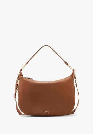 Borsa a spalla in pelle marrone con una silhouette curva, accessori in tonalità oro e il nome del marchio "LIUJO" impresso sulla parte anteriore.