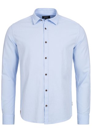 Lichtblauw long-sleeve shirt gemaakt van stof met een gladde textuur, met een knoopsluiting aan de voorkant met donkerbruine knopen en een standaard kraag.