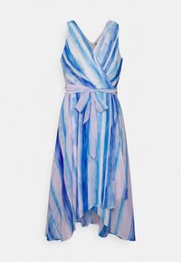 Vestido wrap en tonos azul y rosa con rayas en acuarela, diseño sin mangas con escote en V, acentuado con un cintur�ón de lazo en la cintura y un dobladillo asimétrico.