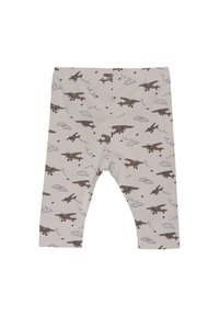 Lichtbeige leggings met een print van vintage vliegtuigen, wolken en blauwe accenten. Zachte, rekbare stof met een elastische tailleband.