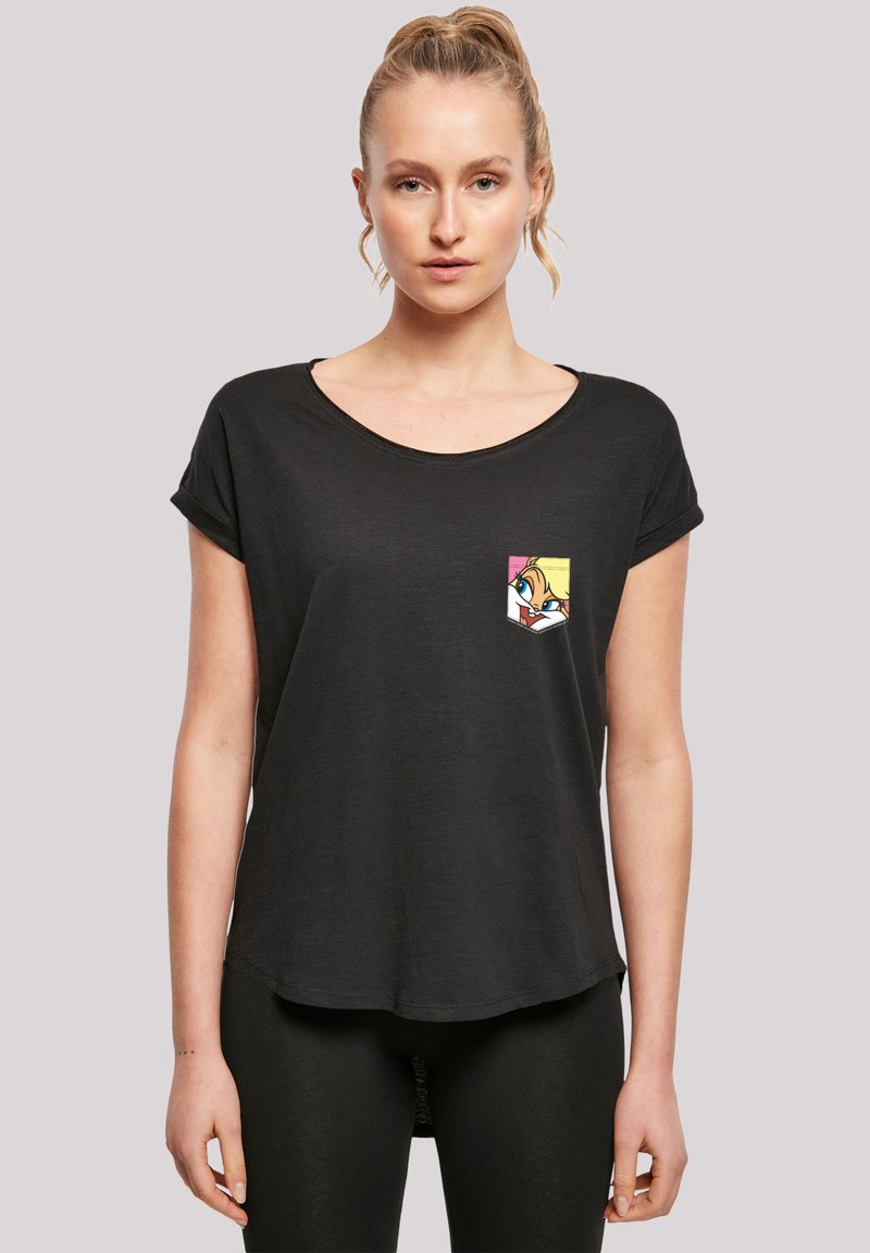 Svart t-shirt med kort ärm och rundad nederdel. Har en färgglad tecknad karaktärsgrafik på vänster fickområde. Lättviktsmaterial.