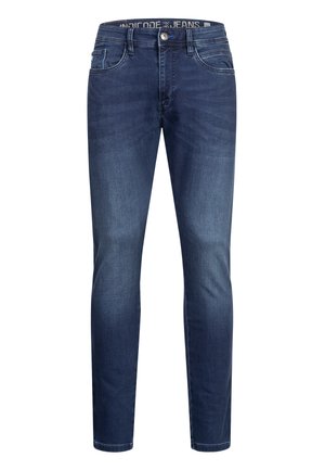 Dark blue denim jeans with a slim fit. Features classic five-pocket design, button closure, and stitched detailing along the seams.