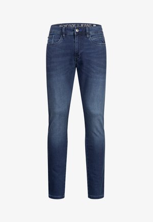 Dark blue denim jeans with a slim fit. Features classic five-pocket design, button closure, and stitched detailing along the seams.