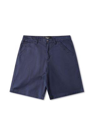 Pantaloni corti blu navy realizzati in tessuto leggero. Le caratteristiche includono tasche frontali, chiusura con bottone e un taglio casual. Texture morbida.