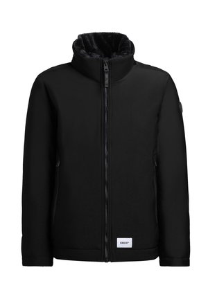 Fekete cipzáros dzseki magas gallérral, sima külső anyaggal, puha béléssel, oldalsó zsebekkel és egy kis márkás címkével a szegélyen.