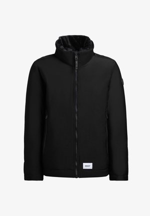 Mustal zip-up jakk, millel on kõrge krae, sile välimine kangas, pehme sis lining, küljetaskud ja väike brändi silt hemus.