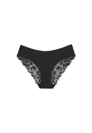 Black women's bikini underwear with floral lace panels on the sides and smooth fabric front center.