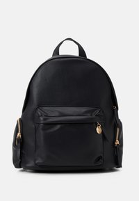 Black leather backpack with a rounded shape, front pocket, gold hardware accents, and textured surface. Features side zip pockets and top handle.