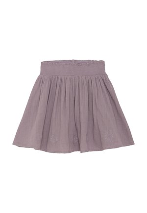 Lilac cotton skirt with a smocked waist and gathered design. Features subtle embroidered details and a flared shape.