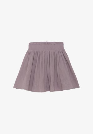Lila Baumwollrock mit smocktem Bund und gerafftem Design. Besitzt subtile gestickte Details und eine schwingende Form.