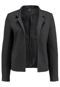 Veste noire en tissu texturé, design à devant ouvert, deux poches latérales et doublure intérieure lisse. Dotée d'un col cranté.