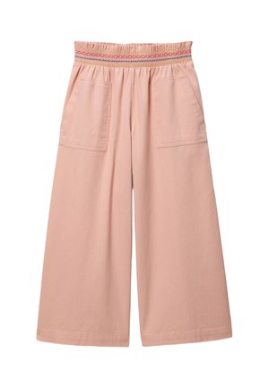 Pantalon ample pêche avec taille smockée élastique, couture multicolore et grandes poches plaquées à l'avant.