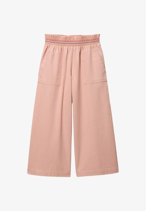 Pantalon ample pêche avec taille smockée élastique, couture multicolore et grandes poches plaquées à l'avant.