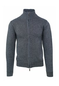 Maglione zip-up grigio scuro con colletto alto, polsini a costine e tessuto testurizzato. Presenta una zip centrale e un design aderente.