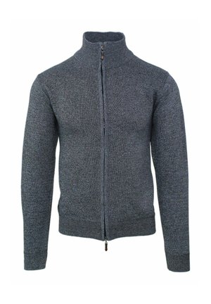 Maglione zip-up grigio scuro con colletto alto, polsini a costine e tessuto testurizzato. Presenta una zip centrale e un design aderente.
