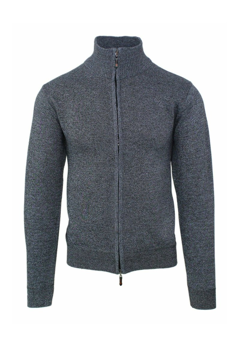 Maglione zip-up grigio scuro con colletto alto, polsini a costine e tessuto testurizzato. Presenta una zip centrale e un design aderente.