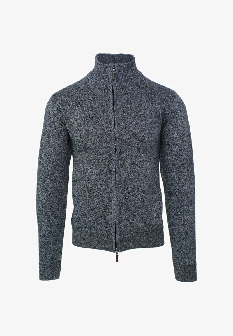 Maglione zip-up grigio scuro con colletto alto, polsini a costine e tessuto testurizzato. Presenta una zip centrale e un design aderente.