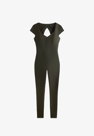 Dunkelgrüner, enganliegender Overall mit kurzen Ärmeln, V-Ausschnitt und Schlüsselloch-Ausschnitt auf der Rückseite, mit zulaufenden Beinen.